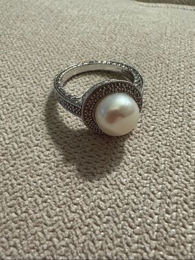 Affinity EA Sterling Silver Cultured Pearl with Diamond Chips Sz 9